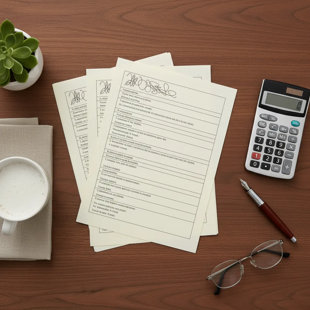 Documentos fiscales, calculadora y boli sobre escritorio en asesor&iacute;a fiscal Valencia