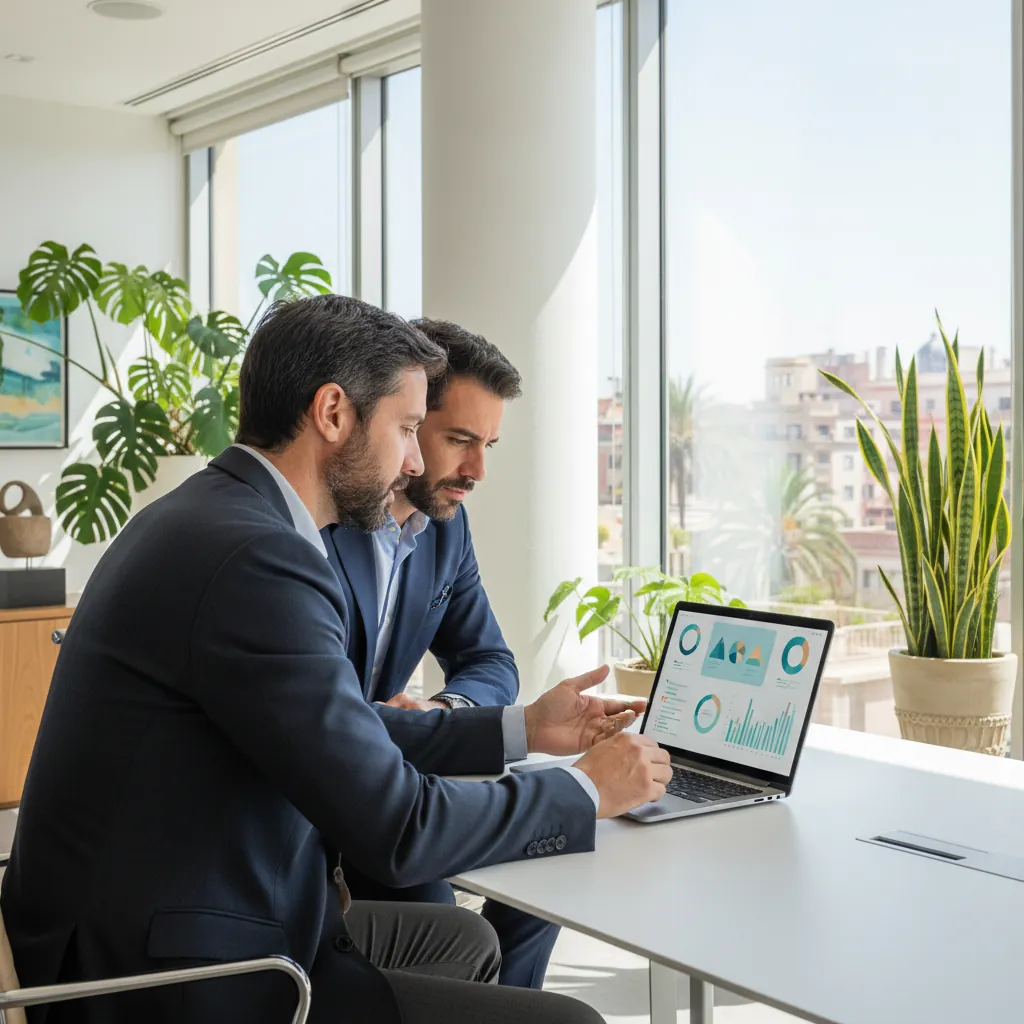 Asesor TributaLey con cliente revisando documentos en oficina Valencia