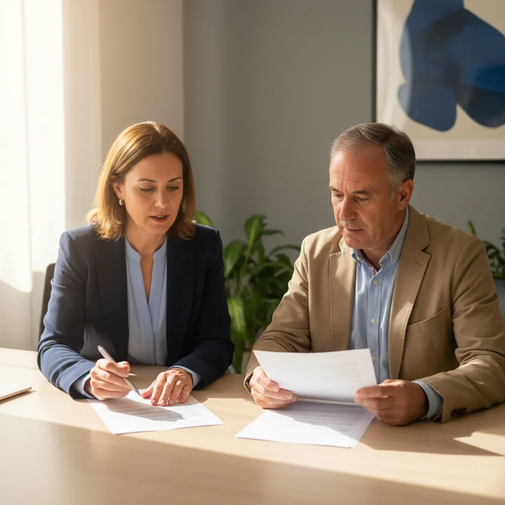 Asesora laboral con empresario revisando contratos y plantilla en Valencia
