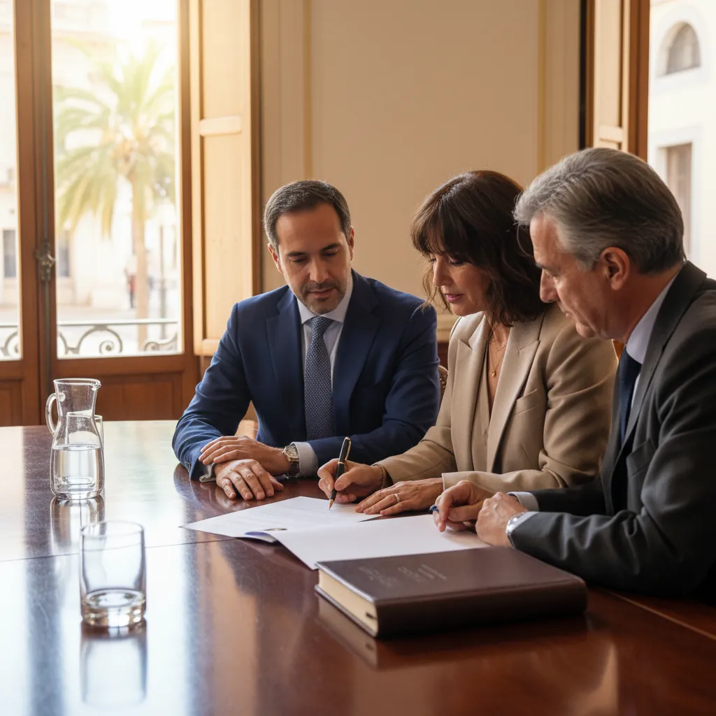 Asesor mercantil con socios firmando escritura de constituci&oacute;n SL en Valencia